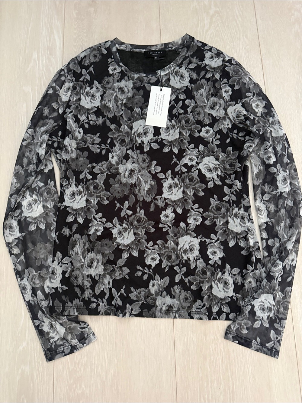 Ted Baker London Rich Black Sheer Floral Velvet Snowfall Long-Sleeve Mesh Top - Picture 3 of 10